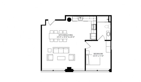 Floor plan for 1 bed, 1 bath, 679 sqft