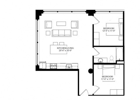 Floor plan for 2 beds, 1 bath, 807 sqft