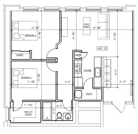Floor plan for 2 beds, 1 bath, 879 sqft