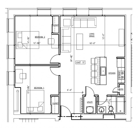Floor plan for 2 beds, 1 bath, 944 sqft