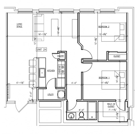 Floor plan for 2 beds, 1 bath, 882 sqft