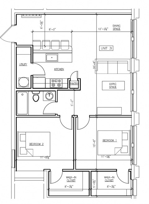 Floor plan for 2 beds, 1 bath, 902 sqft