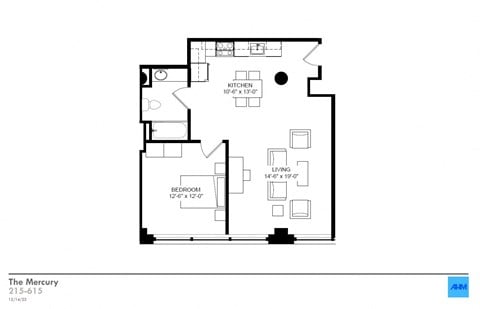 Floor plan for 1 bed, 1 bath, 668 sqft