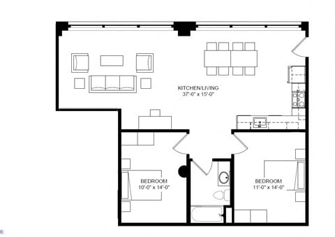Floor plan for 2 beds, 1 bath, 933 sqft