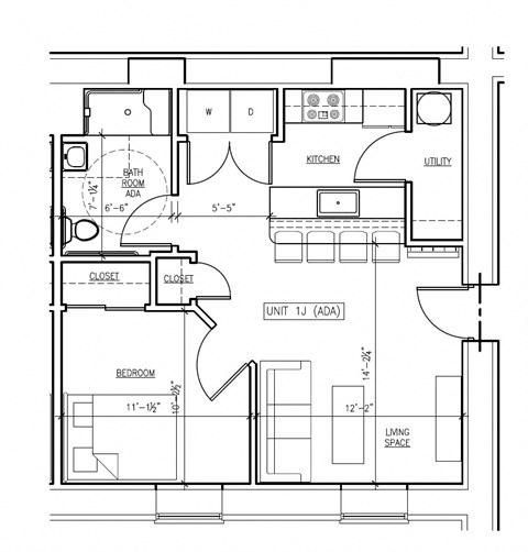 Floor plan for 1 bed, 1 bath, 576 sqft