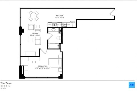 Floor plan for 1 bed, 1 bath, 771 sqft
