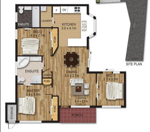 Floor plan for 2 beds, 2 baths, 950 sqft