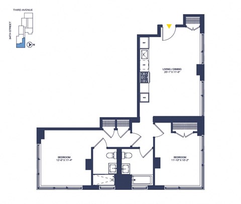 Floor plan for 2 beds, 2 baths, 1006 sqft