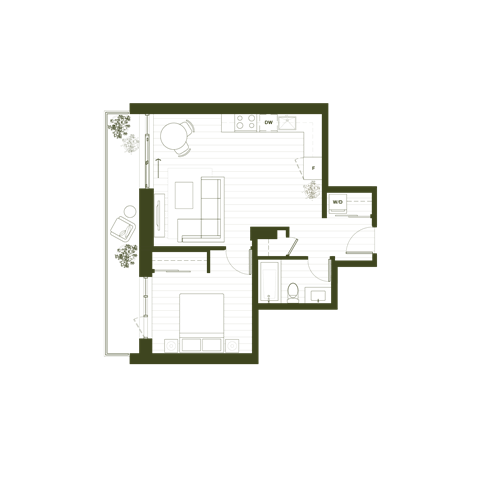 Floor plan for 1 bed, 1 bath, 600 sqft