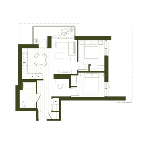 Floor plan for 2 beds, 1 bath, 814 sqft