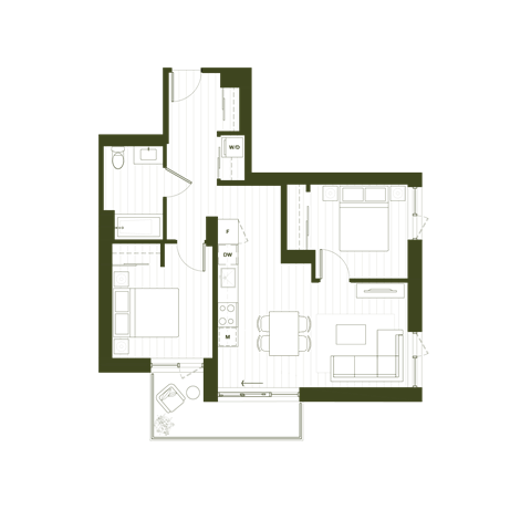 Floor plan for 2 beds, 1 bath, 848 sqft