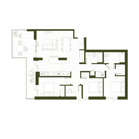 Floor plan for 3 beds, 2 baths, 1310 sqft