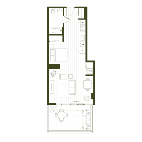 Floor plan for studio, 1 bath, 600 sqft