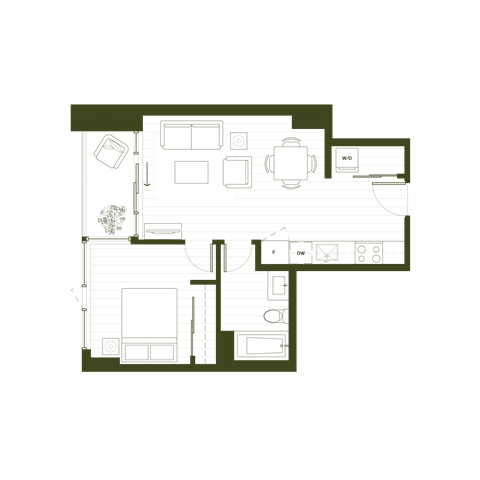 Floor plan for 1 bed, 1 bath, 525 sqft