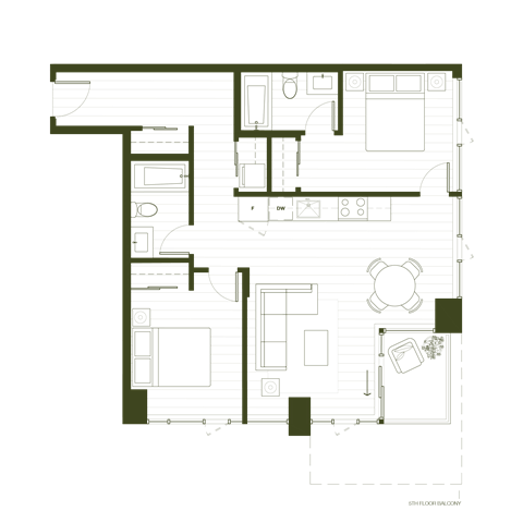 Floor plan for 2 beds, 2 baths, 859 sqft