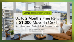 North Vancouver apartment for rent - A promotional image for a limited time October special offering up to 2 months free rent and $1,000 move-in credit for new residents at North Shore Living.