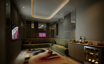 Vancouver apartment for rent - A modern living room with a green sofa and a wine rack.