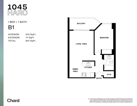 Floor plan for 1 bed, 1 bath, 560 sqft