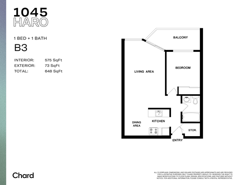 Floor plan for 1 bed, 1 bath, 549 sqft