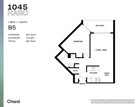 Floor plan for 1 bed, 1 bath