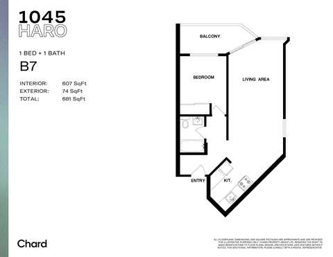 Floor plan for 1 bed, 1 bath, 581 sqft
