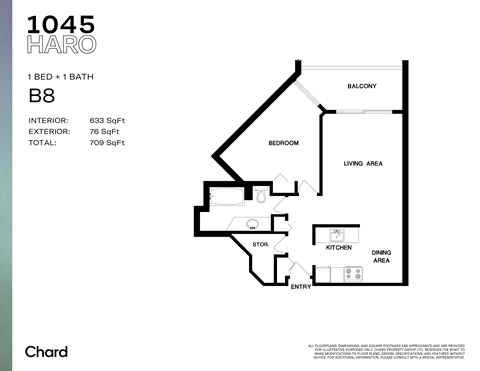 Floor plan for 1 bed, 1 bath, 581 sqft