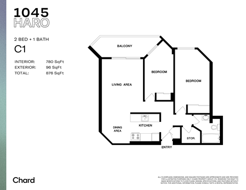 Floor plan for 2 beds, 1 bath, 764 sqft