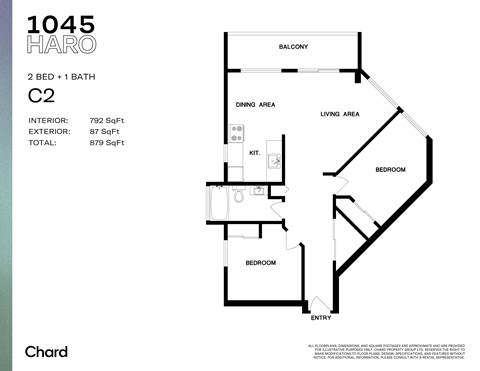 Floor plan for 2 beds, 1 bath, 786 sqft