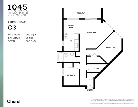 Floor plan for 2 beds, 1 bath, 797 sqft