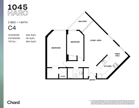 Floor plan for 2 beds, 1 bath, 818 sqft