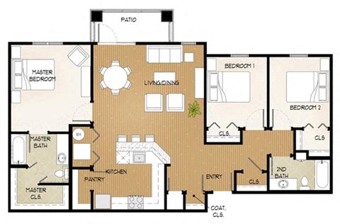 Floor plan for 3 beds, 2 baths, 1310 sqft