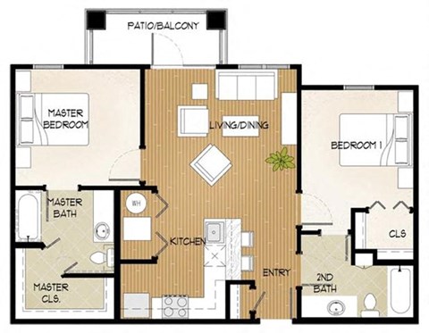 Floor plan for 2 beds, 2 baths, 895 sqft
