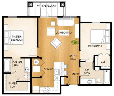 Floor plan for 2 beds, 2 baths, 955 sqft