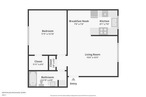 Floor plan for 1 bed, 1 bath, 622 sqft
