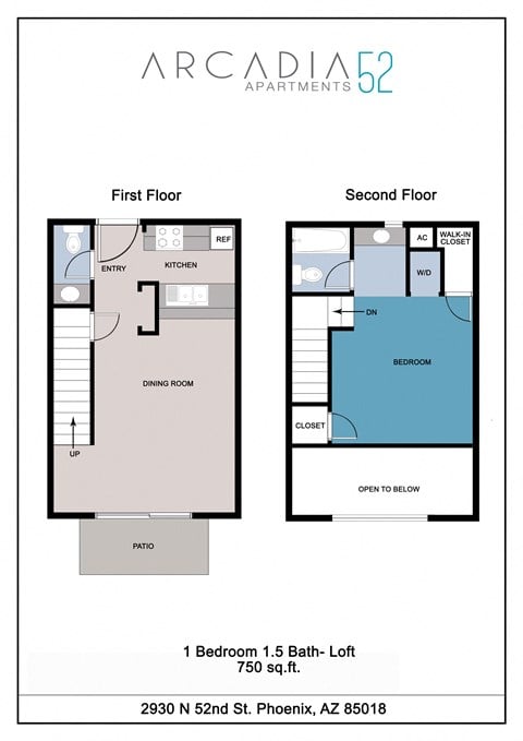 Floor plan for 1 bed, 1.5 baths, 750 sqft