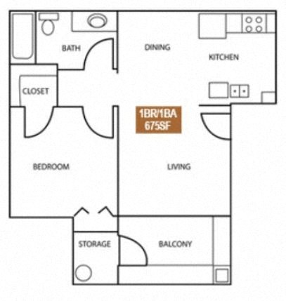 Floor plan for 1 bed, 1 bath, 675 sqft