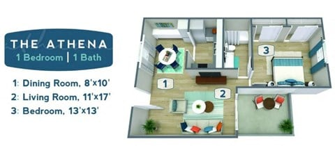 Floor plan for 1 bed, 1 bath, 710 sqft