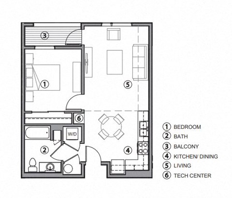 Floor plan for 1 bed, 1 bath, 640 sqft