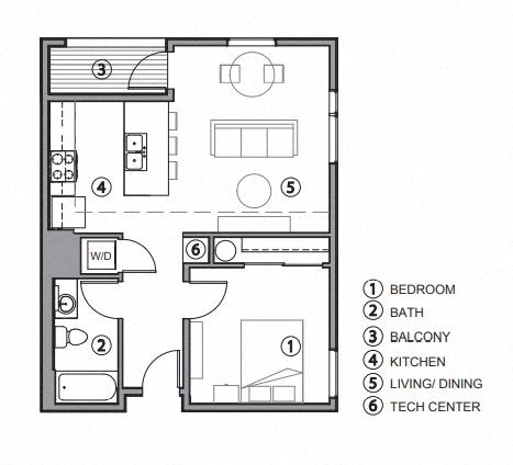 Floor plan for 1 bed, 1 bath, 640 sqft