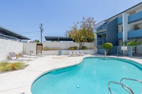 Phoenix apartment for rent - a swimming pool with chaise lounge chairs and a tree in front of a blue building