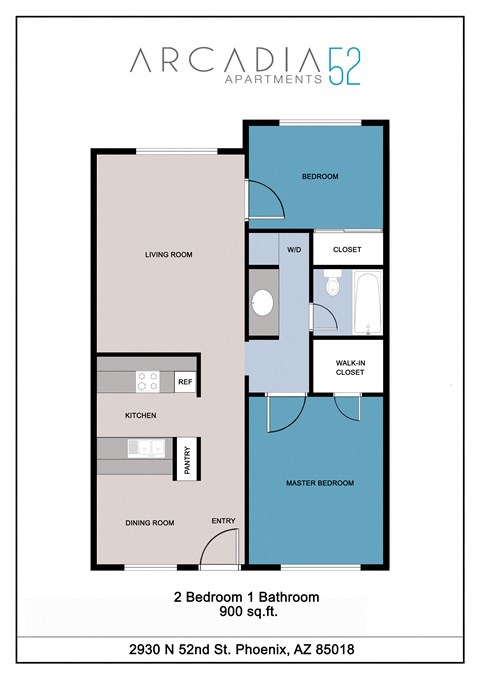 Floor plan for 2 beds, 1 bath, 960 sqft