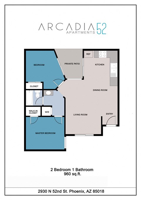 Floor plan for 2 beds, 1 bath, 960 sqft