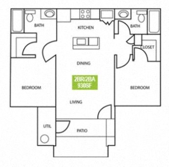 Floor plan for 2 beds, 2 baths, 930 sqft