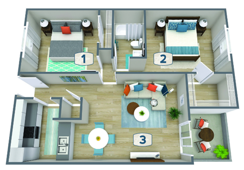 Floor plan for 2 beds, 1 bath, 820 sqft