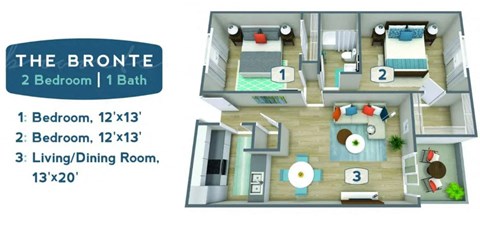 Floor plan for 2 beds, 1 bath, 820 sqft