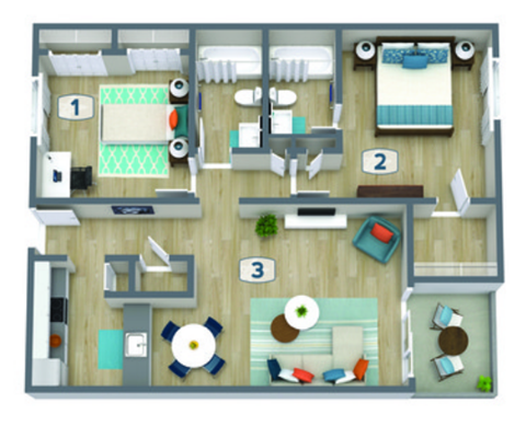 Floor plan for 2 beds, 2 baths, 900 sqft