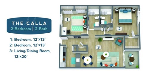 Floor plan for 2 beds, 2 baths, 890 sqft