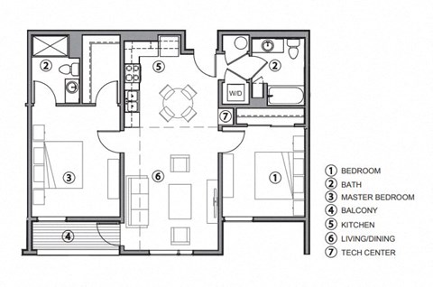 Floor plan for 2 beds, 2 baths, 914 sqft