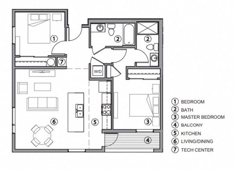 Floor plan for 2 beds, 2 baths, 950 sqft