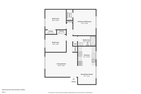 Floor plan for 3 beds, 1 bath, 943 sqft